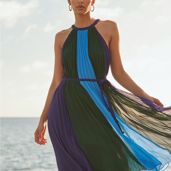 White House Black Market Dresses & Skirts - Elegant Pleated Halter Maxi Dress in Navy, Teal & Blue